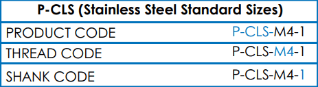 Table showing PCLS Self Clinching Nuts stainless steel standard sizes
