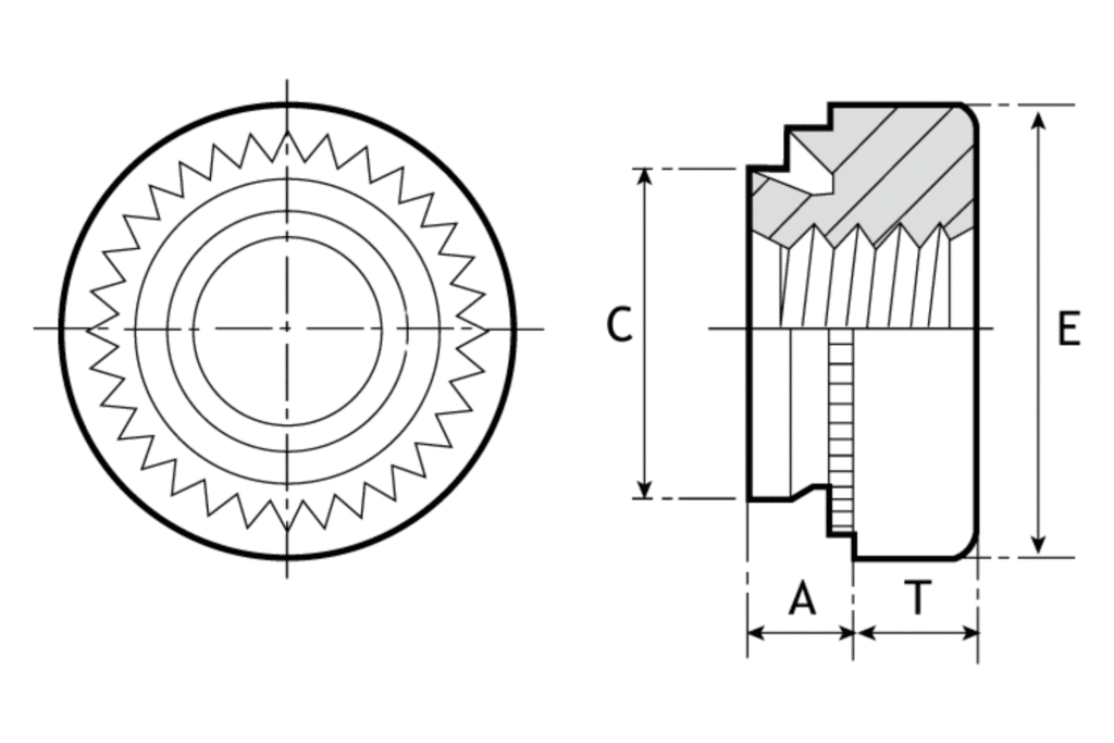 Diagram showing P-S & P-CLS Self Clinching Nuts measurements