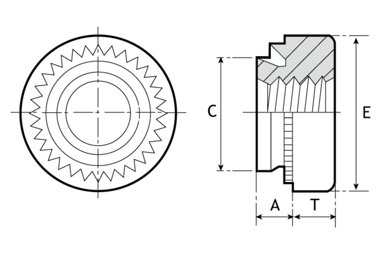 Diagram showing Self-Clinching Nuts measurements